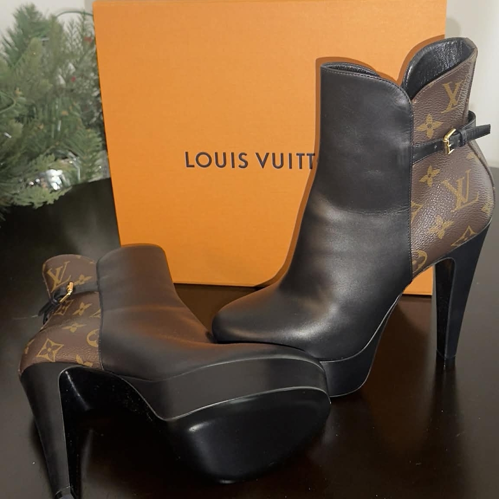 Louis Vuitton Black Leather & Brown Monogram Platform Ankle Boots